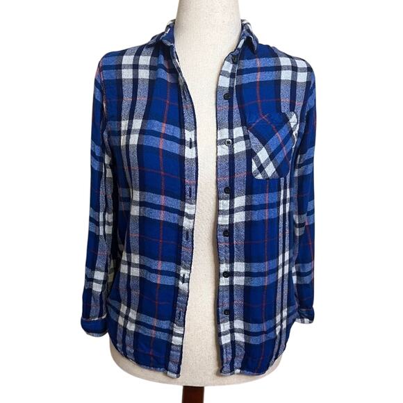 Topshop flannel shirt blue red white plaid  long sleeve button up  Sz 2 - Picture 1 of 8